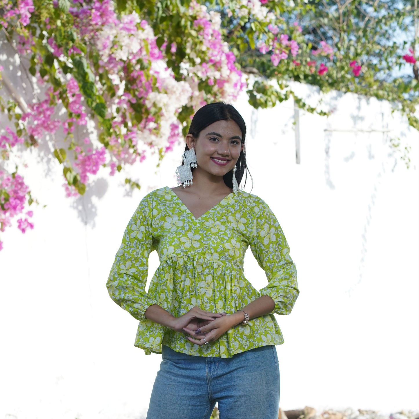 Lemon Green Floral V-Neck Cotton Top – Breathable & Natural Fabric with Full Puffy Sleeves