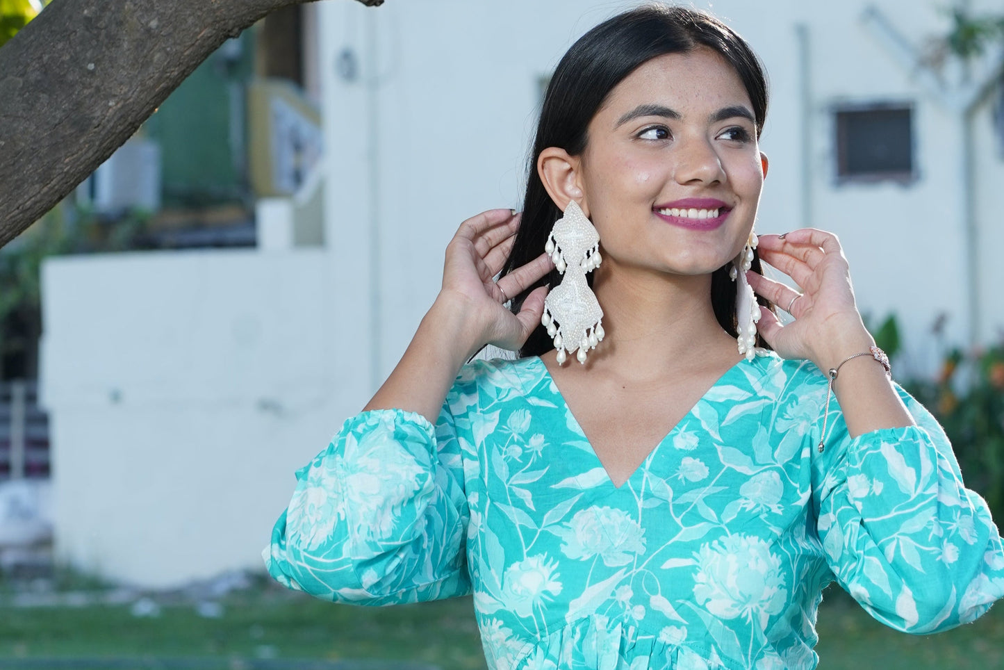 Aqua Floral V-Neck Cotton Top – Breathable & Natural Fabric with Full Puffy Sleeves