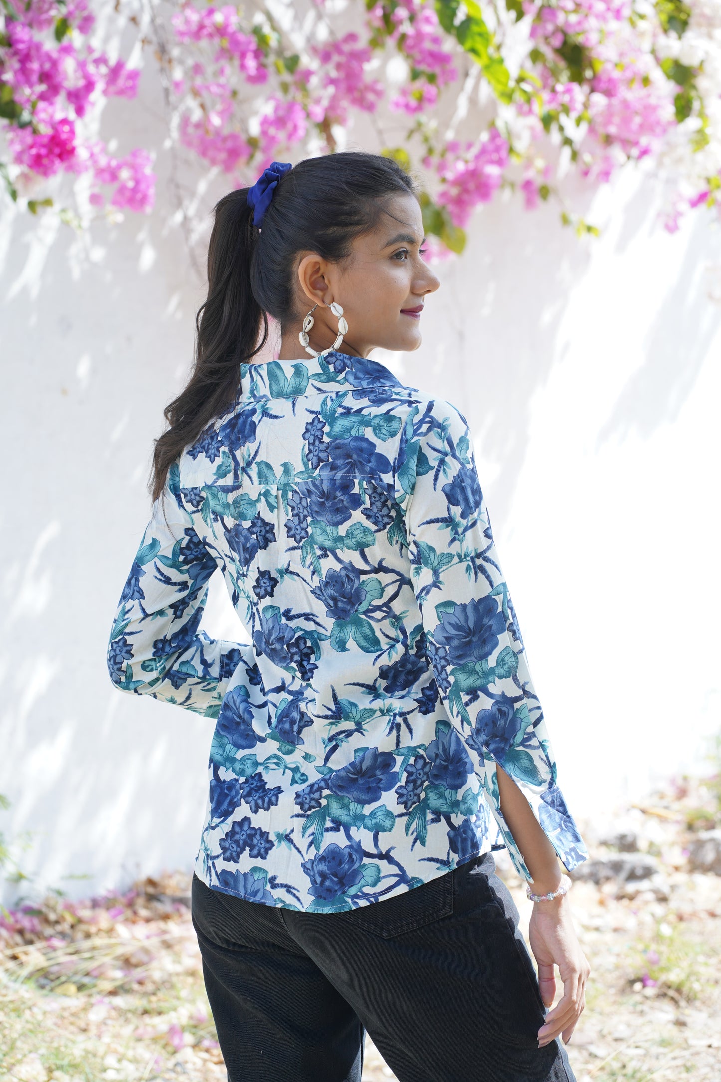 White Blue Floral Print Cotton Shirt – Breathable & Natural Fabric