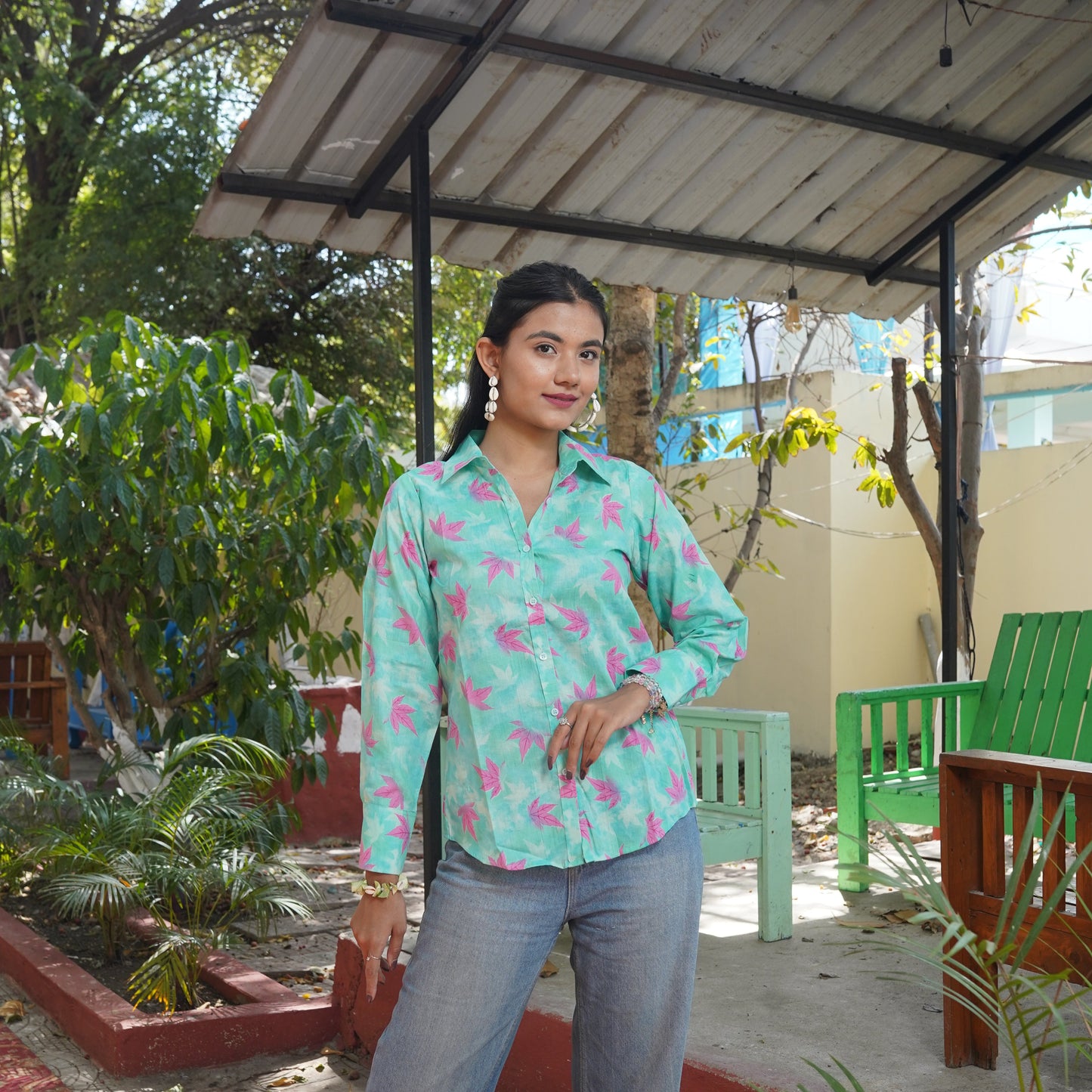 Aqua Green Leaf Print Cotton Shirt – Breathable & Natural Fabric