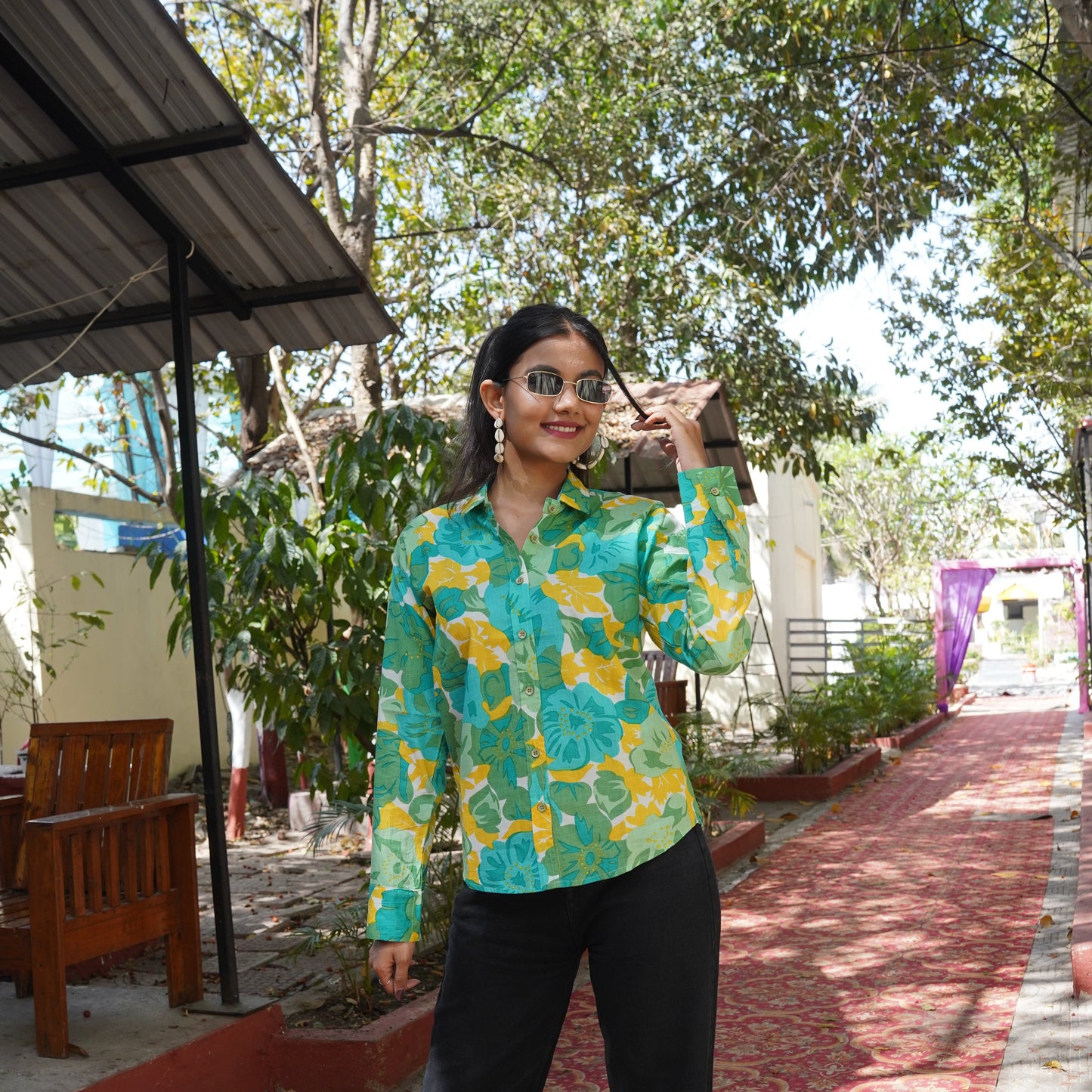 Green Yellow Abstract Floral Print Cotton Shirt – Breathable & Natural Fabric