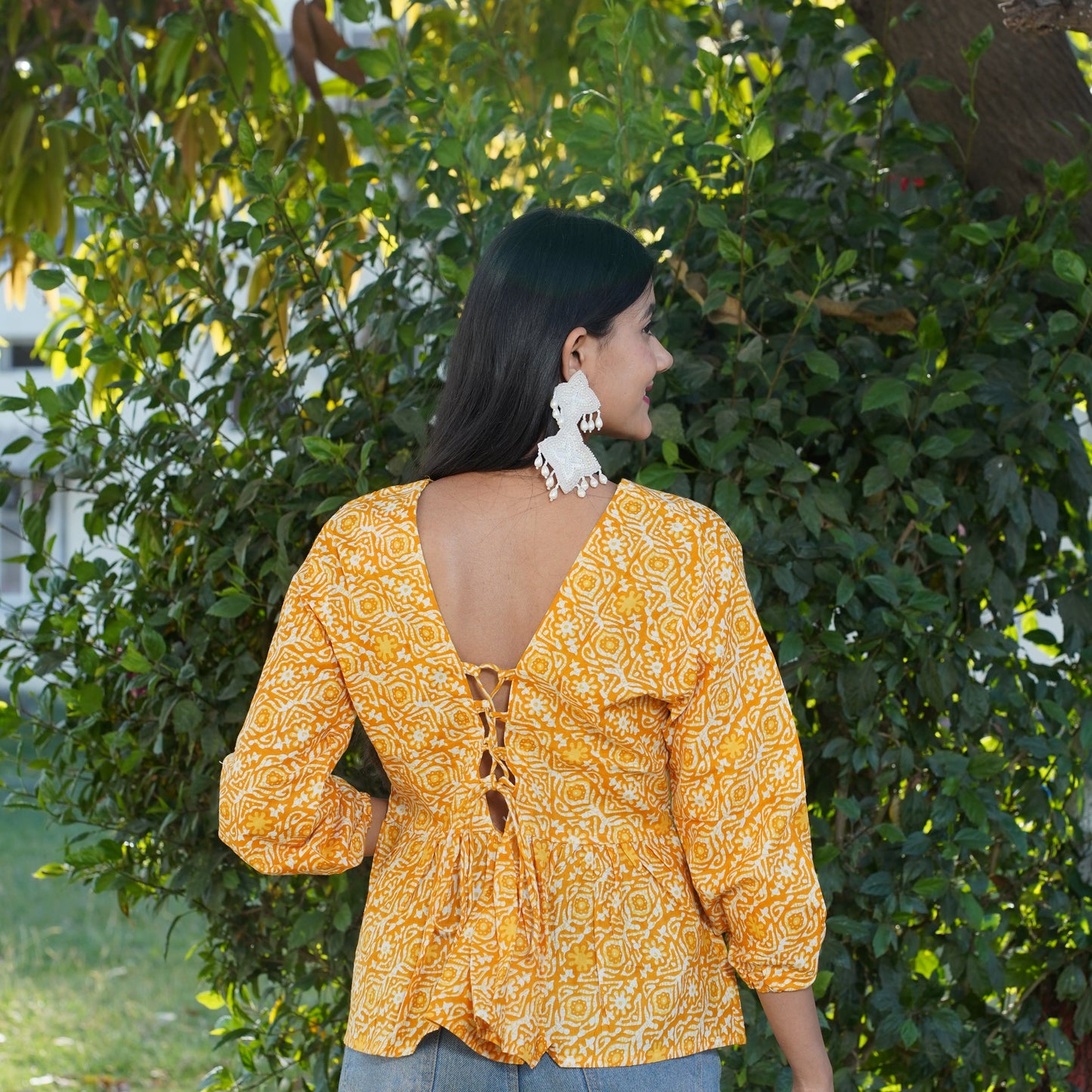 Turmeric Yellow Batik V-Neck Cotton Top – Breathable & Natural Fabric with Full Puffy Sleeves