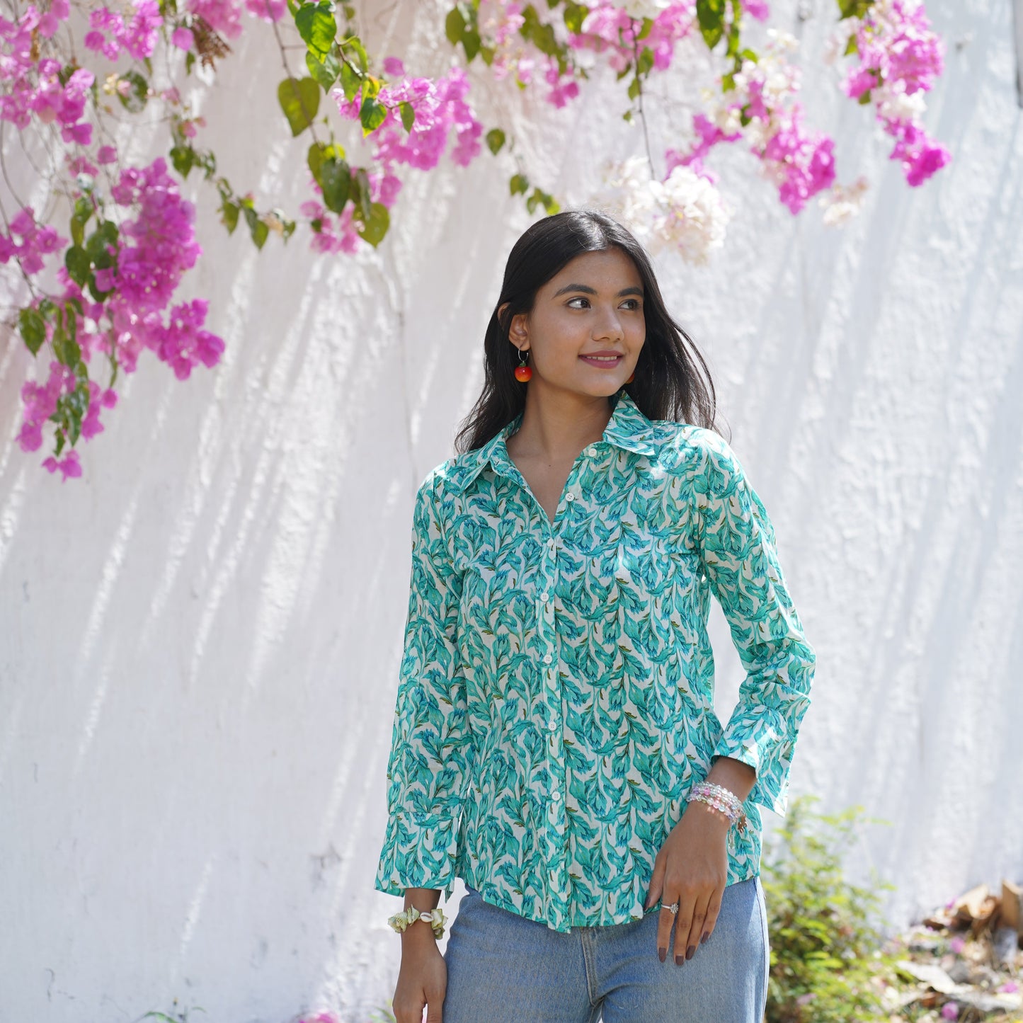 Aqua Blue Floral Print Cotton Shirt – Breathable & Natural Fabric