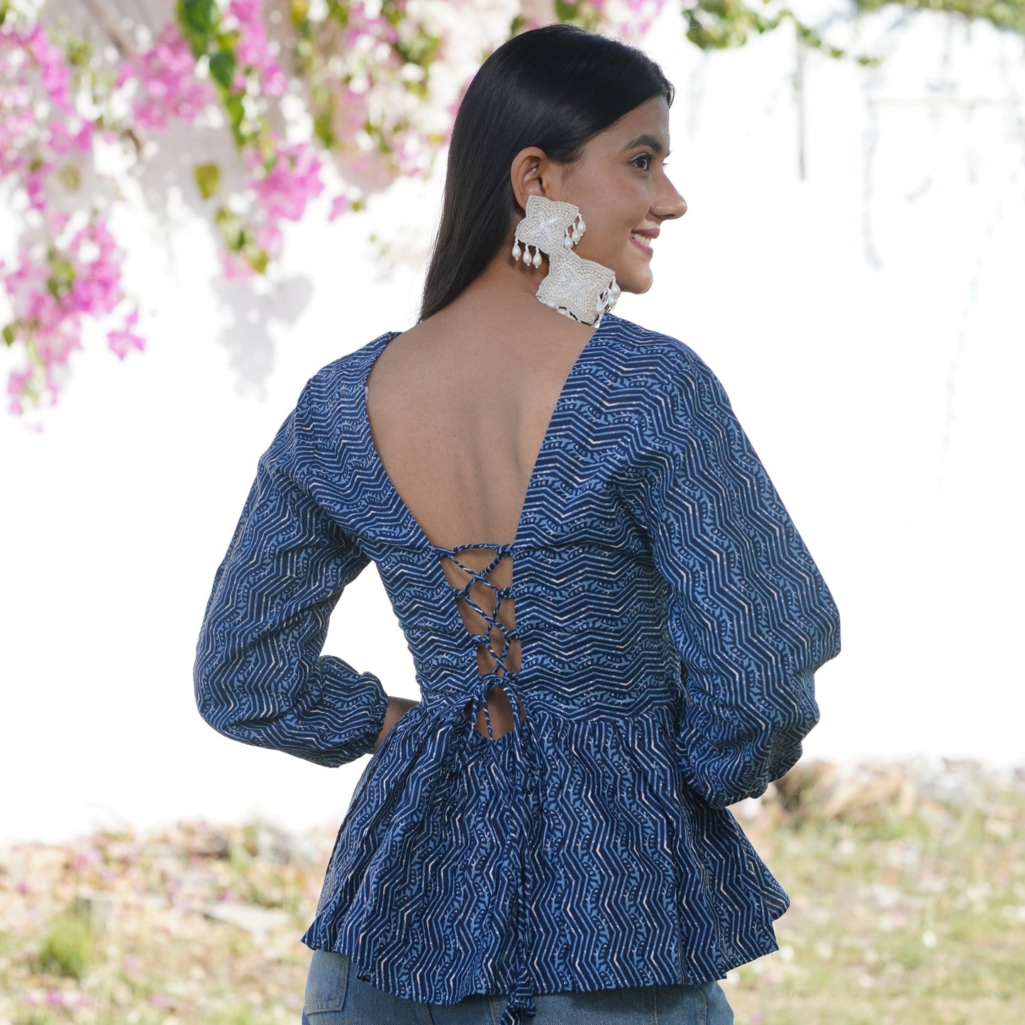 Indigo Blue Zig Zag V-Neck Cotton Top – Breathable & Natural Fabric with Full Puffy Sleeves