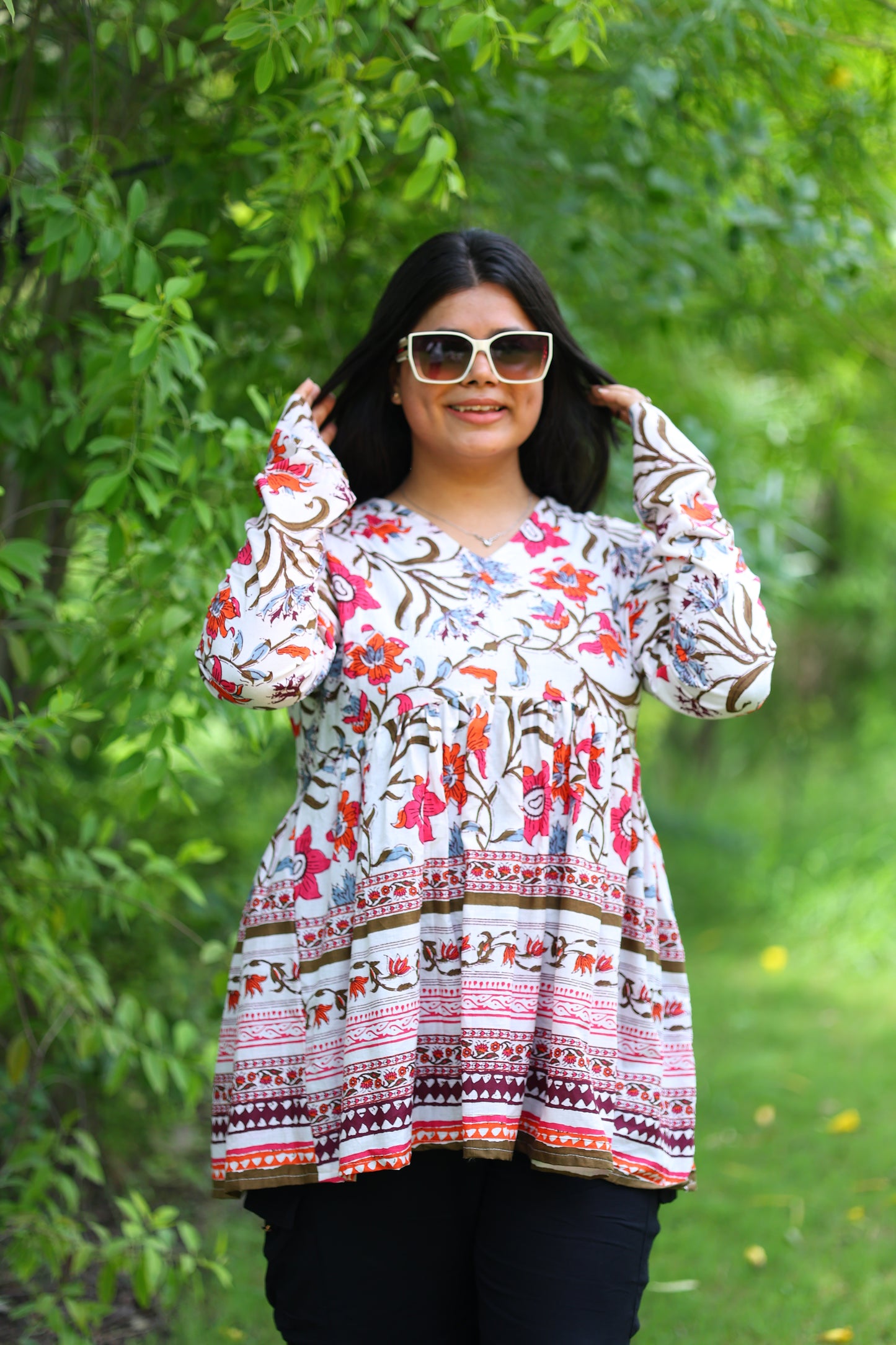 Indie Bloom Floral V-Neck Cotton Top – Breathable & Natural Fabric with Full Sleeves