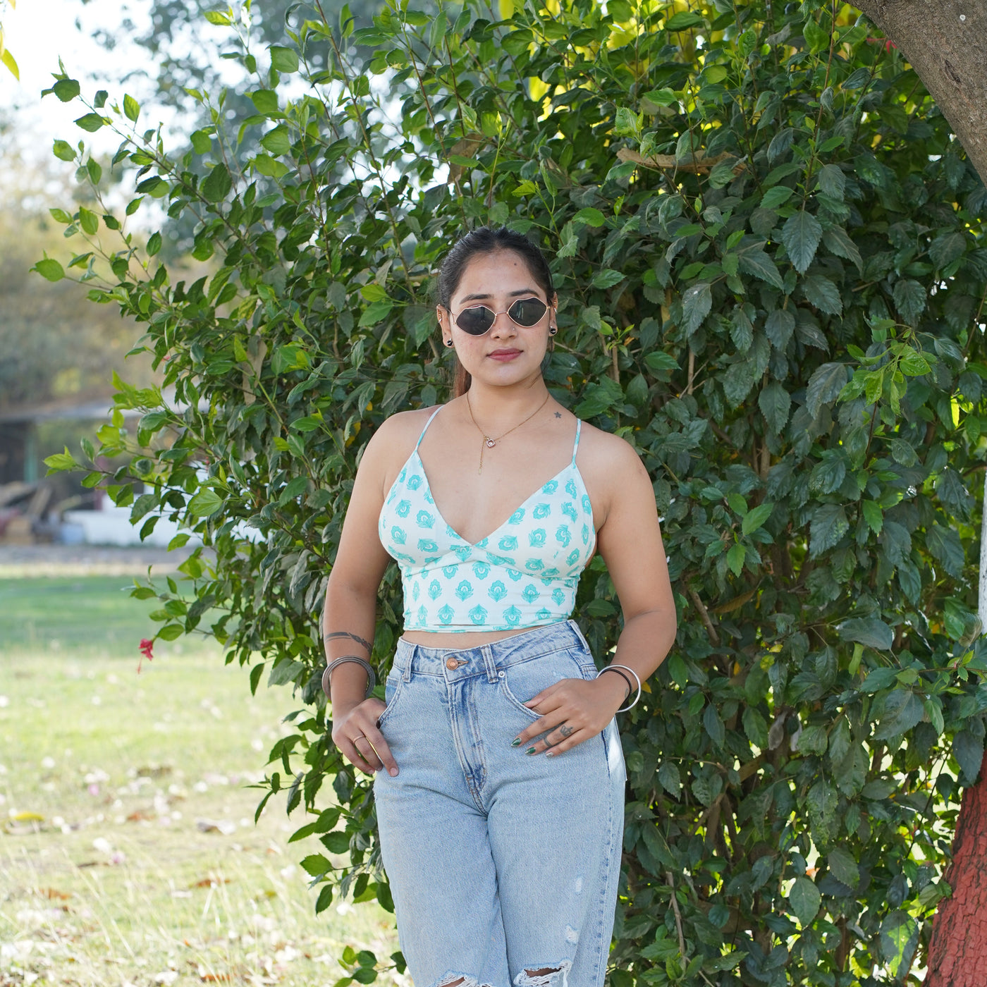 Cotton Bralette With Green Print