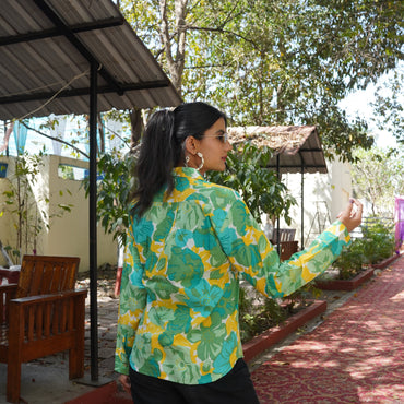 Green Yellow Abstract Floral Print Cotton Shirt – Breathable & Natural Fabric
