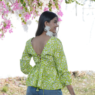 Lemon Green Floral V-Neck Cotton Top – Breathable & Natural Fabric with Full Puffy Sleeves