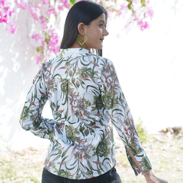 White Green Floral Print Cotton Shirt – Breathable & Natural Fabric