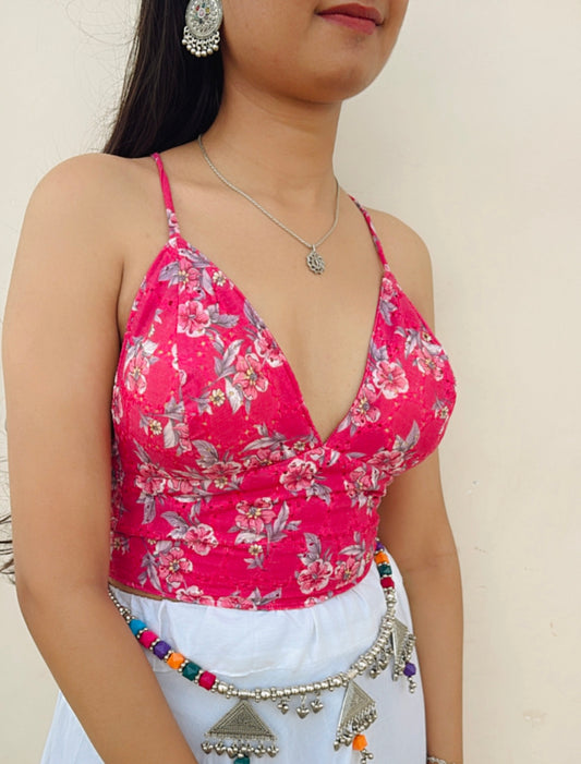 Pink Floral Charm Hakoba Cotton Removable Padded Bralette – Soft & Breathable Natural Fabric