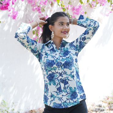 White Blue Floral Print Cotton Shirt – Breathable & Natural Fabric