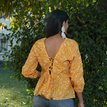 Turmeric Yellow Batik V-Neck Cotton Top – Breathable & Natural Fabric with Full Puffy Sleeves
