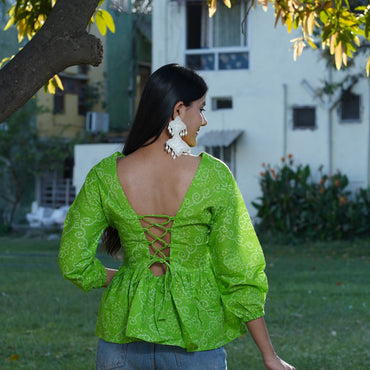 Parrot Green Bandhani V-Neck Cotton Top – Breathable & Natural Fabric with Full Puffy Sleeves