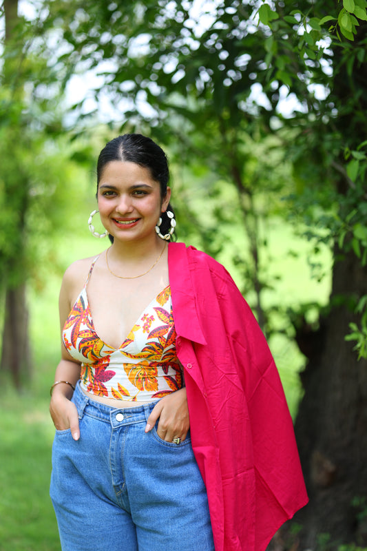 Solid Pink Shirt & Bralette Set  – Natural Cotton Fabric