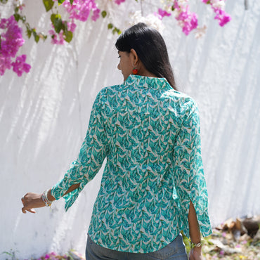 Aqua Blue Floral Print Cotton Shirt – Breathable & Natural Fabric