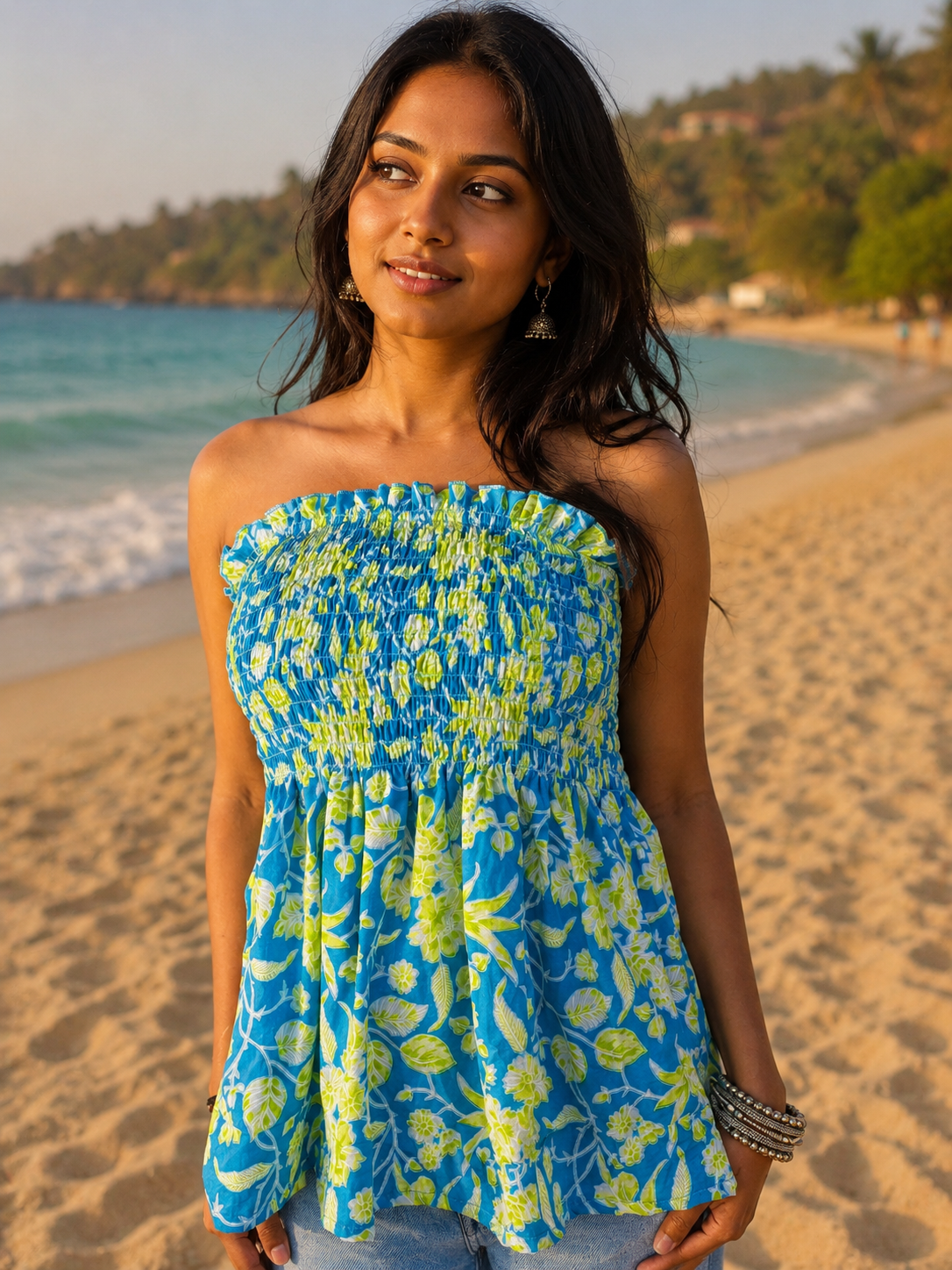 Blue Floral Smocked Tube Top | Boho Peplum Strapless Top