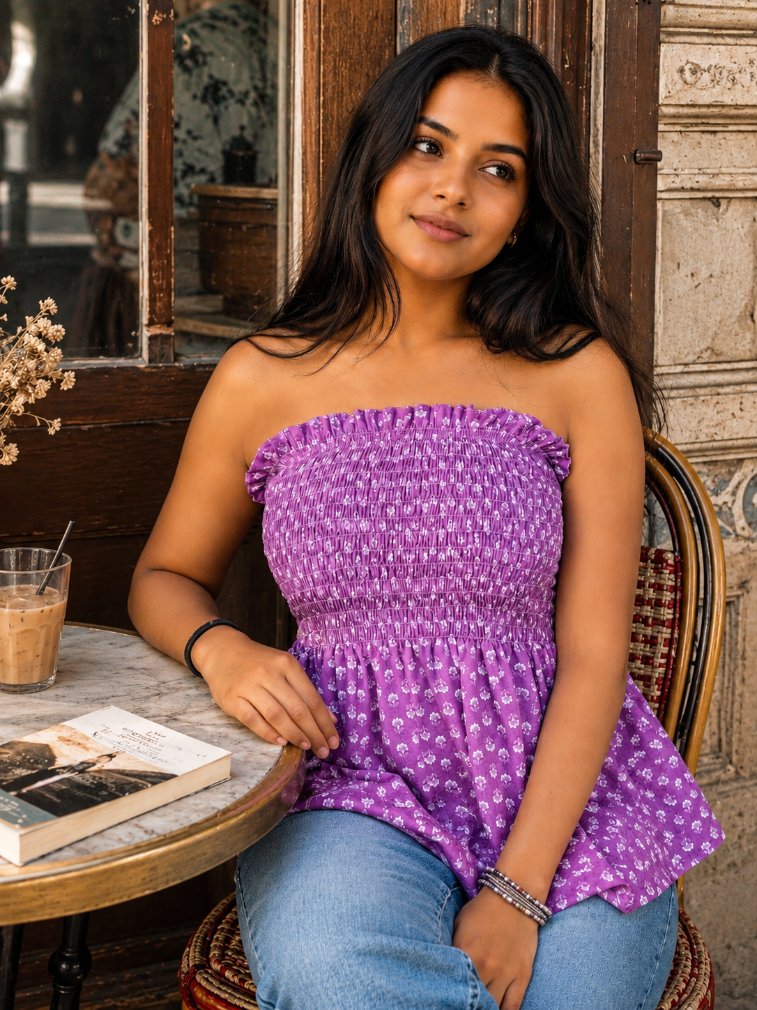 Purple Floral Smocked Tube Top | Boho Peplum Strapless Top