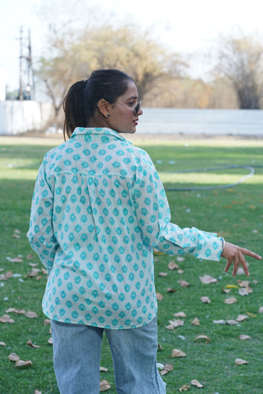 White Aqua Blue Butti Shirt & Bralette Set – Natural Cotton Fabric