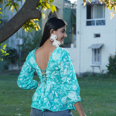 Aqua Floral V-Neck Cotton Top – Breathable & Natural Fabric with Full Puffy Sleeves