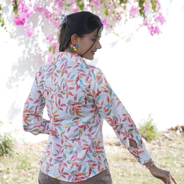White with Multicolor Leaf Print Cotton Shirt – Breathable & Natural Fabric