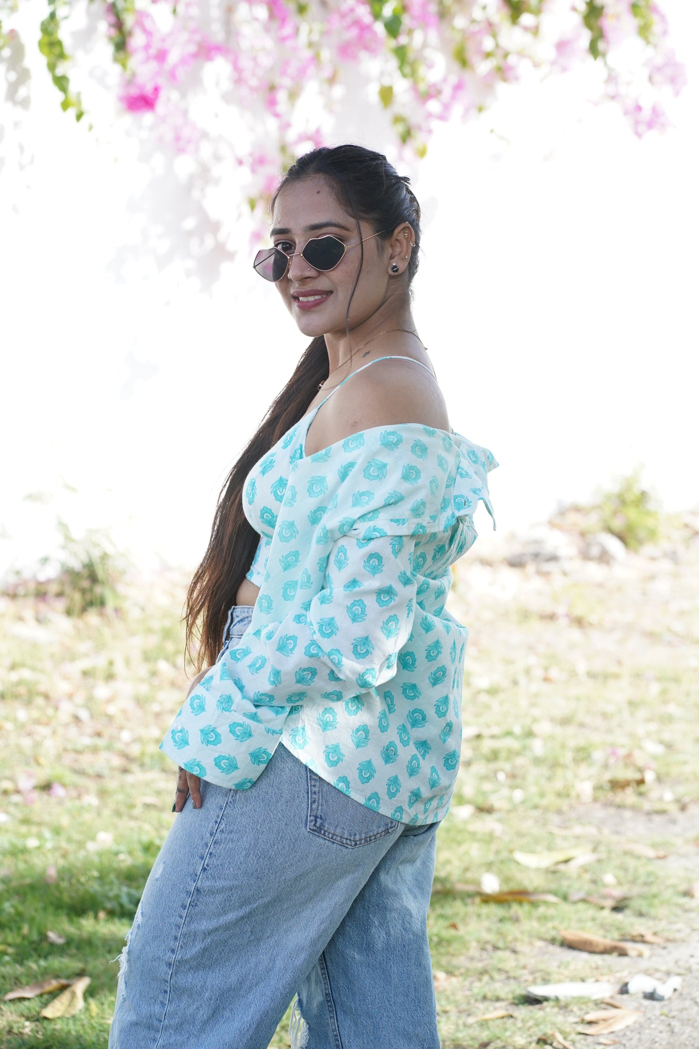 White Aqua Blue Butti Shirt & Bralette Set