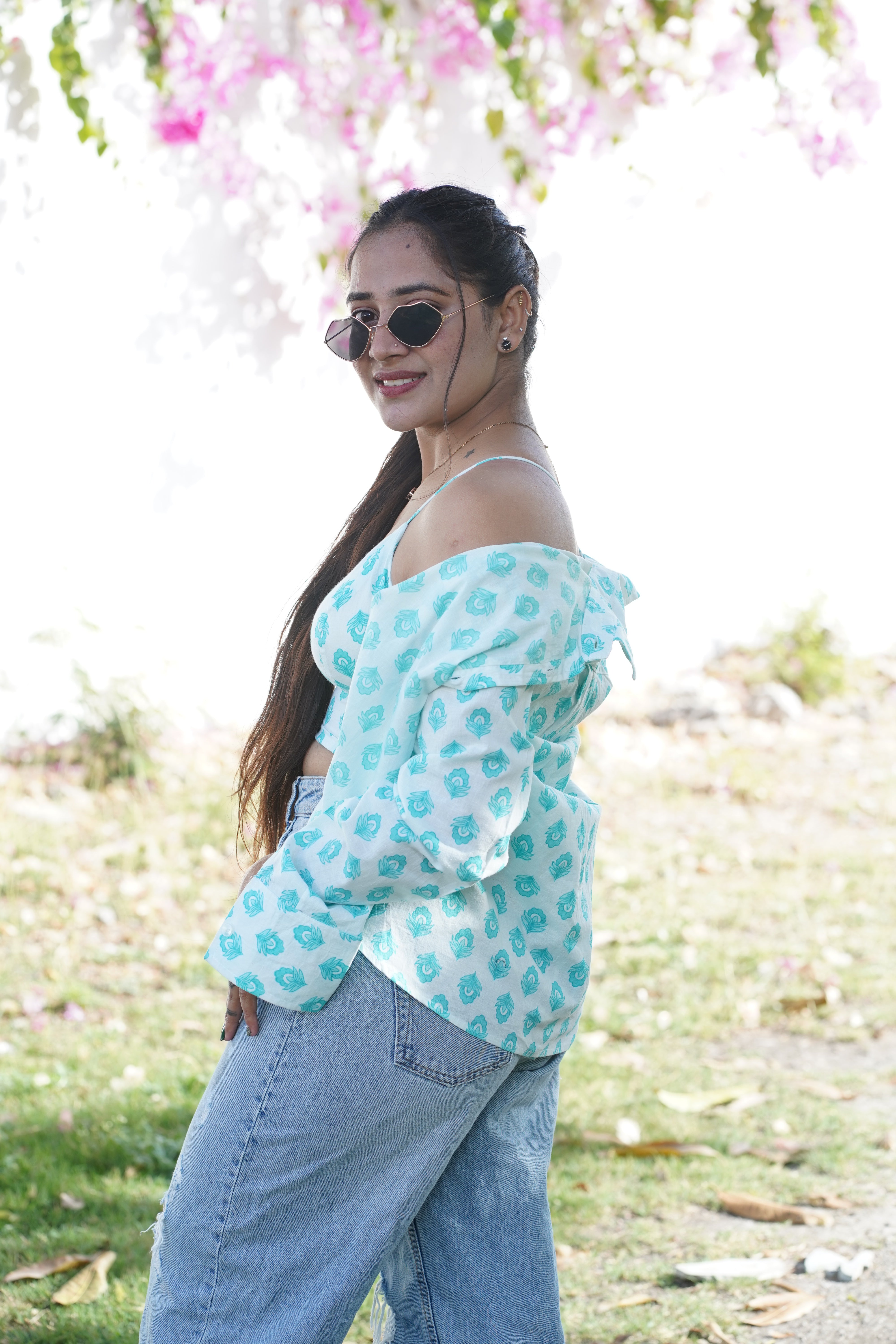 White Aqua Blue Butti Shirt & Bralette Set