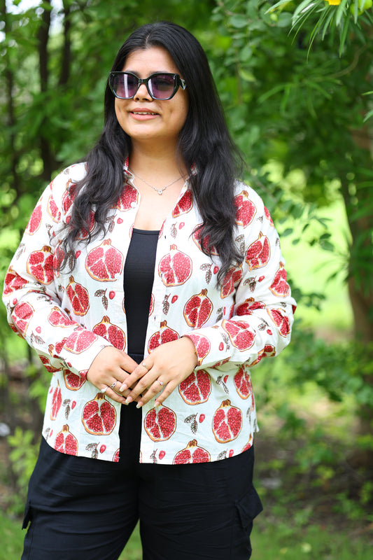 White Red Fruit Print Cotton Shirt – Breathable & Natural Fabric