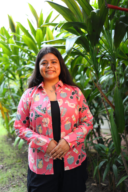 Rose Pink Beach Print Cotton Shirt – Breathable & Natural Fabric