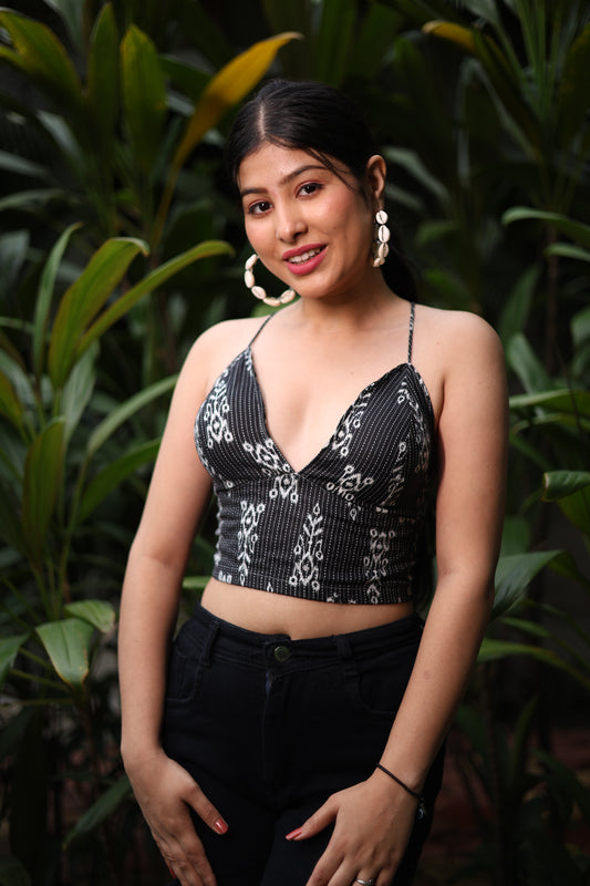 Black Ikkat Print Cotton Padded Bralette – Soft & Breathable Natural Fabric