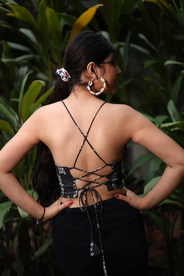 Black Ikkat Print Cotton Padded Bralette – Soft & Breathable Natural Fabric