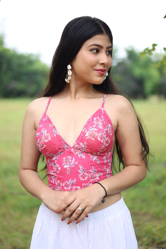 Pink Floral Charm Hakoba Cotton Removable Padded Bralette – Soft & Breathable Natural Fabric