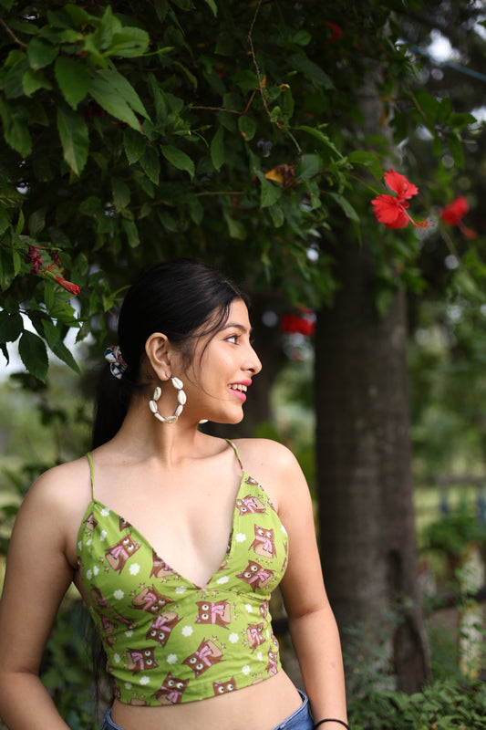 Green Owl Print Cotton Padded Bralette – Soft & Breathable Natural Fabric