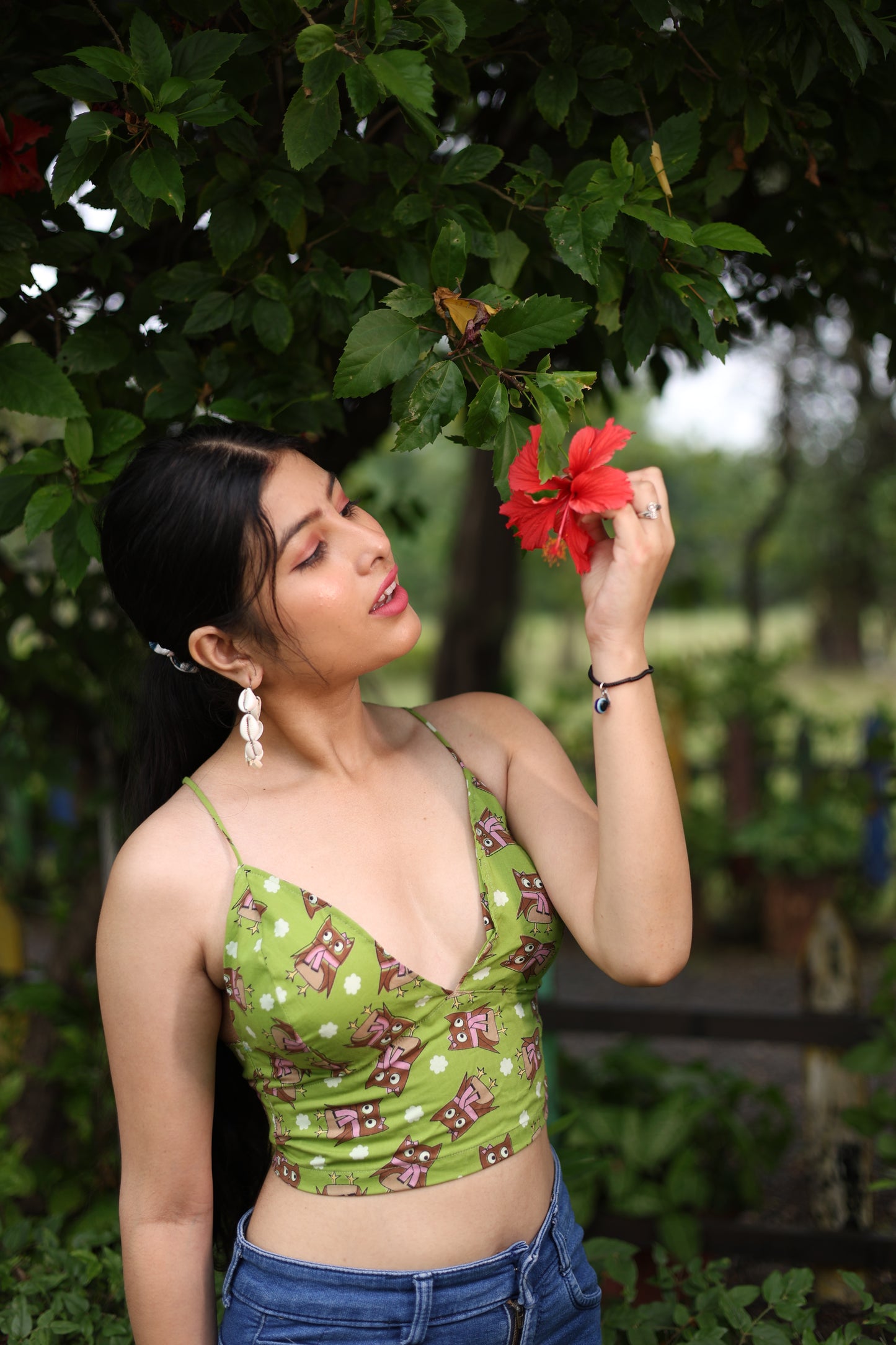 Green Owl Print Cotton Padded Bralette – Soft & Breathable Natural Fabric