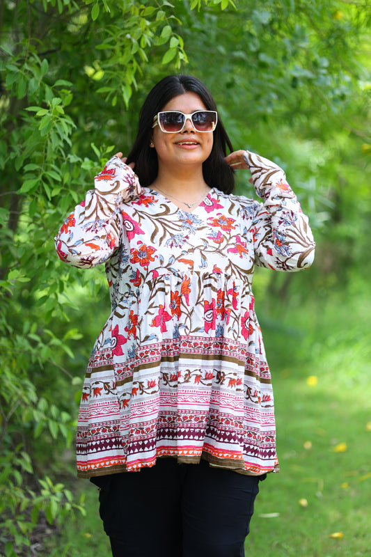 Indie Bloom Floral V-Neck Cotton Top – Breathable & Natural Fabric with Full Sleeves