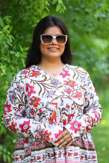 Indie Bloom Floral V-Neck Cotton Top – Breathable & Natural Fabric with Full Sleeves