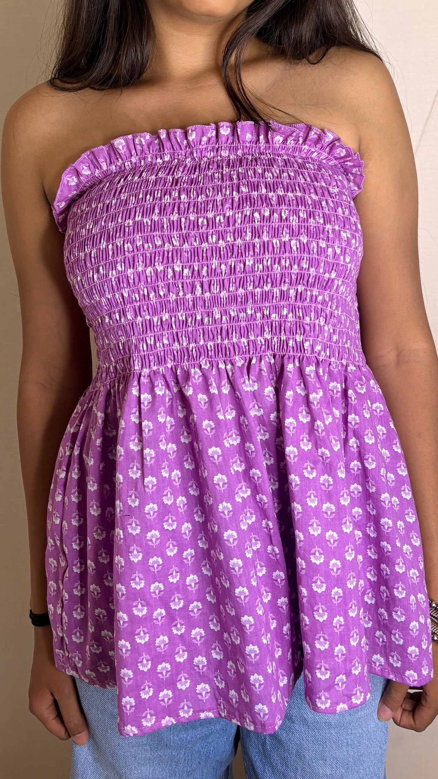 Purple Floral Smocked Tube Top | Boho Peplum Strapless Top