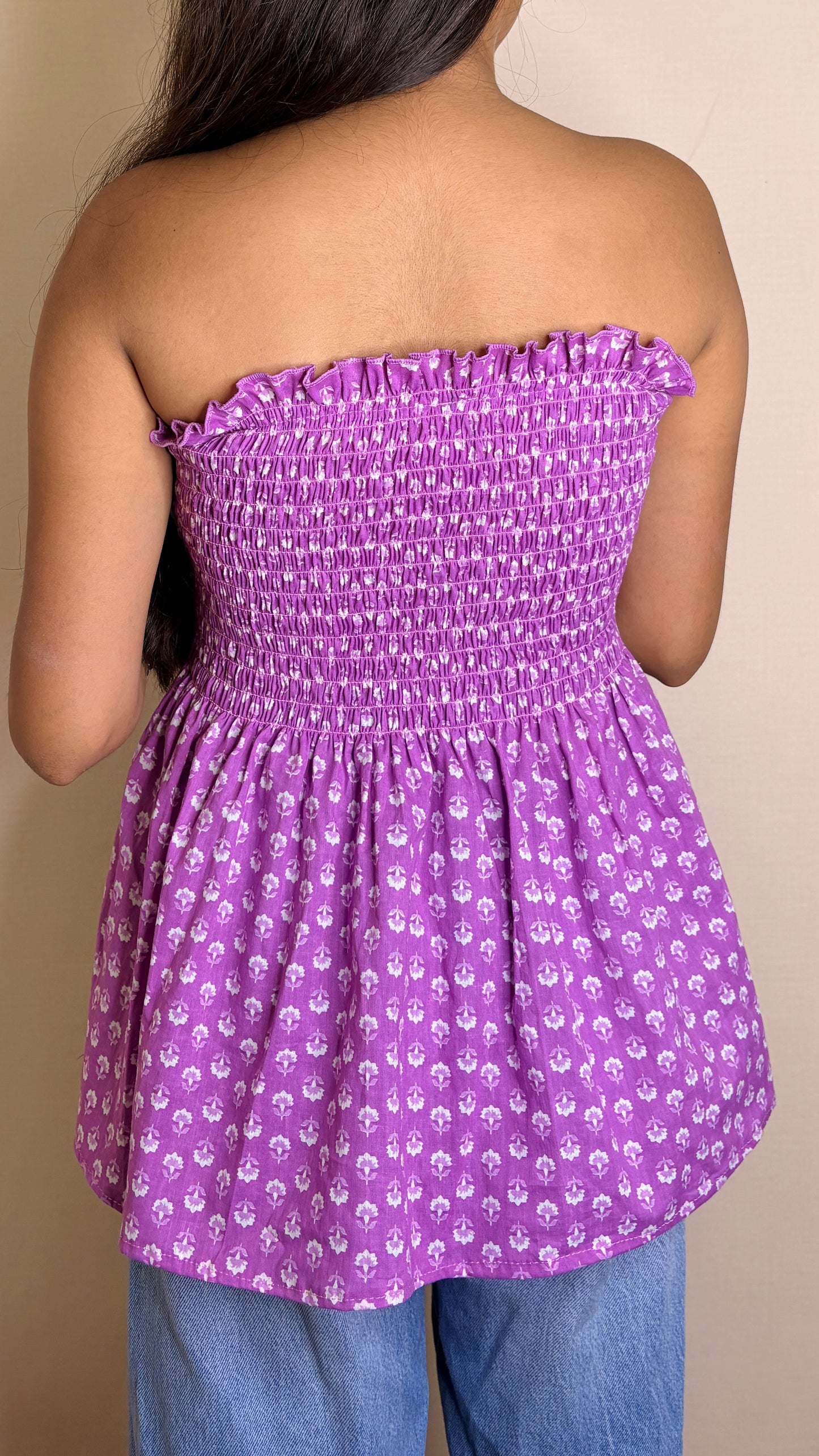 Purple Floral Smocked Tube Top | Boho Peplum Strapless Top